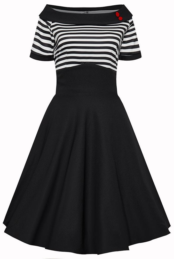 Bateau neckline Darlene dress, in black and write stripes, front view