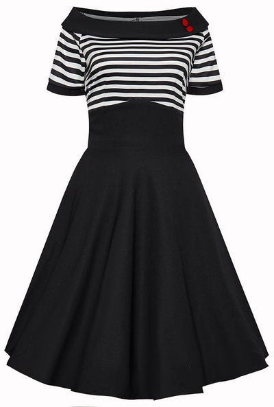 Bateau neckline Darlene dress, in black and write stripes, front view
