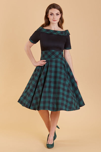 1950s Retro Off Shoulder Swing Dress in Black and Green Tartan front