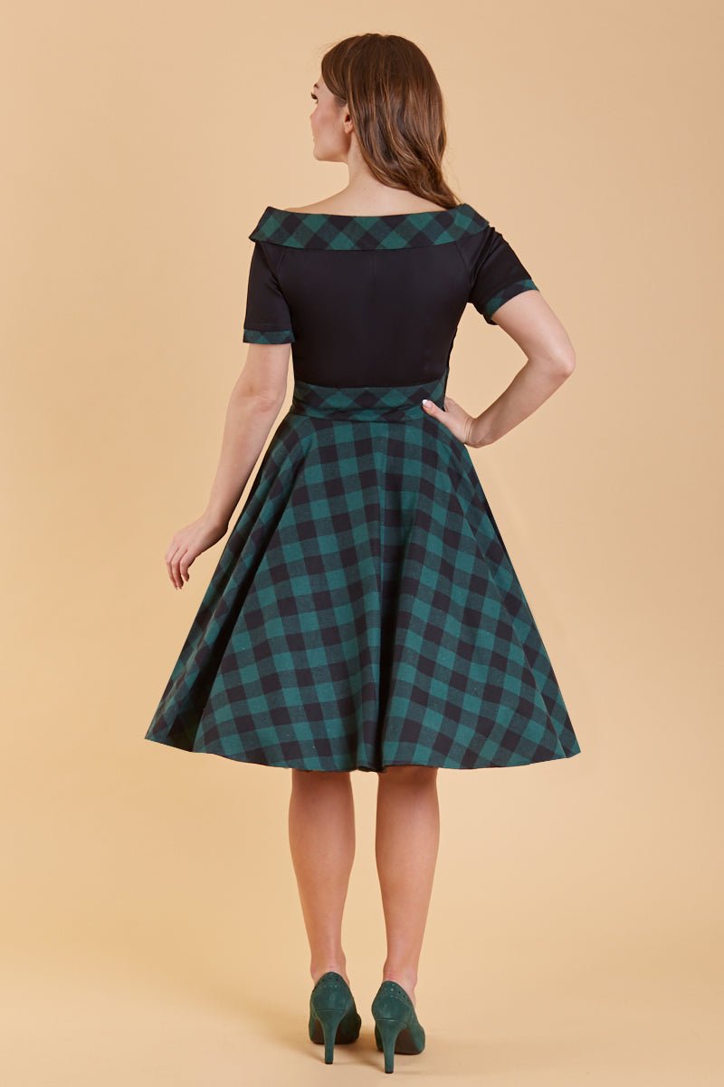 1950s Retro Off Shoulder Swing Dress in Black and Green Tartan back view