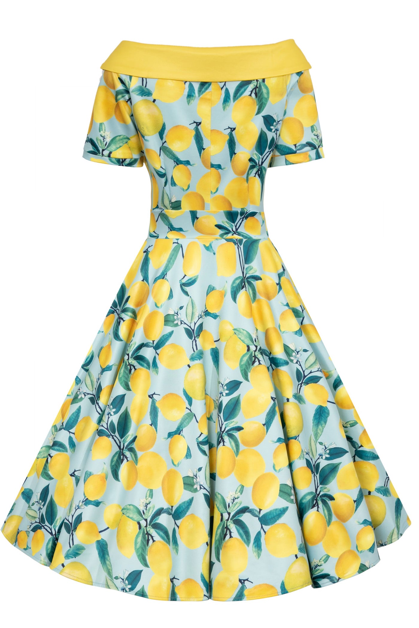 Model wears our bateau short sleeved swing dress, in blue/yellow lemon print, back view