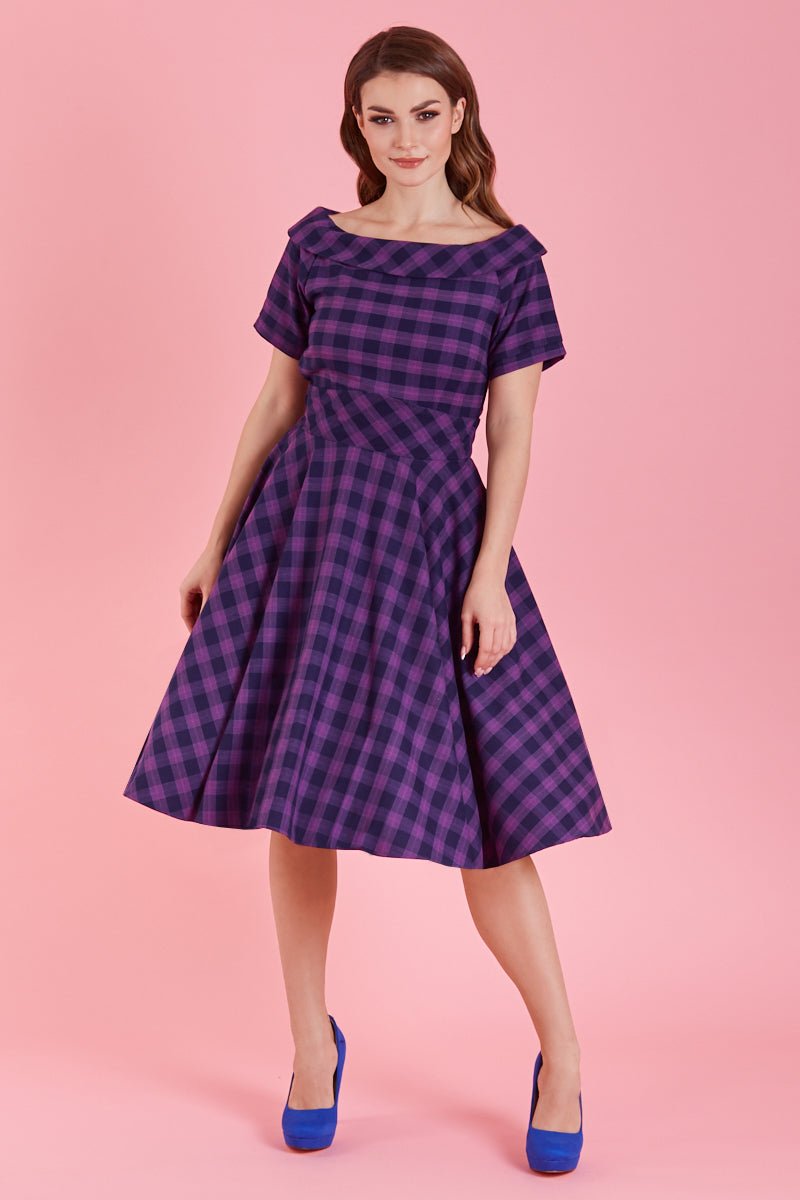 1950s Retro Off Shoulder Swing Dress in Purple Plaid front view