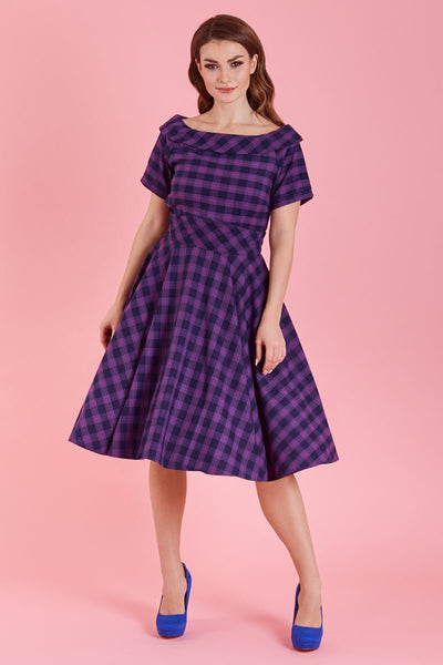 1950s Retro Off Shoulder Swing Dress in Purple Plaid front view