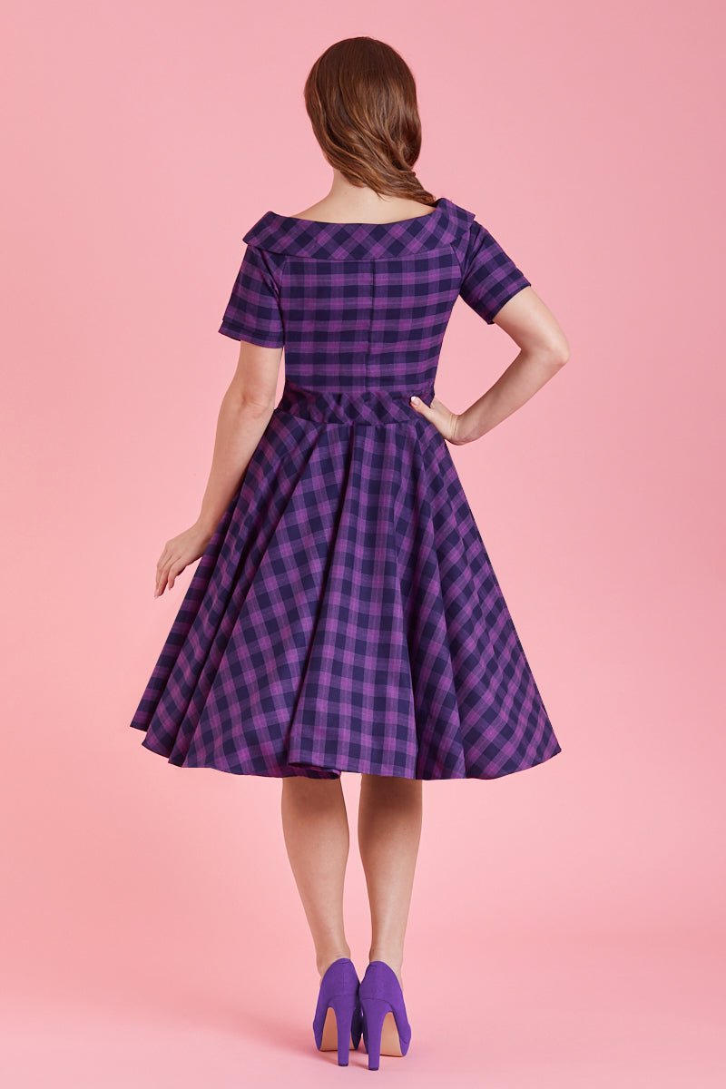 1950s Retro Off Shoulder Swing Dress in Purple Plaid back view