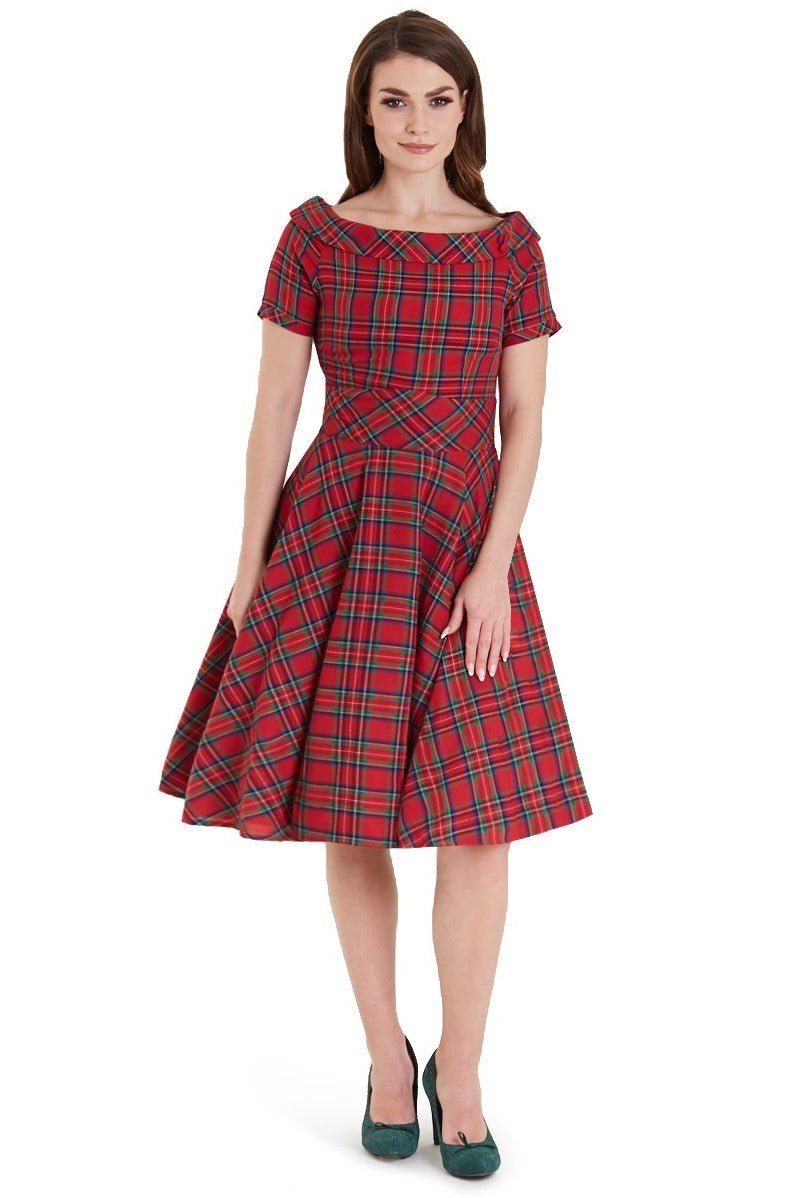 1950s Retro Highland Red Tartan Off Shoulder Circle Dress front viewe