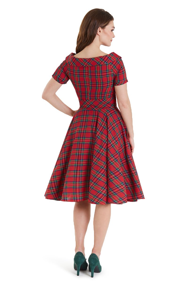 1950s Retro Highland Red Tartan Off Shoulder Circle Dress back view