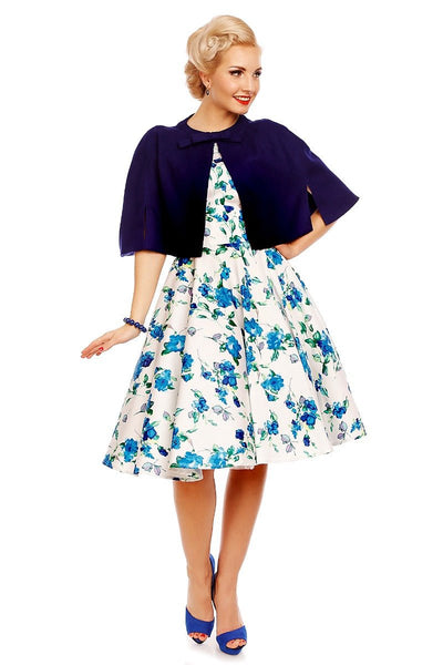 Darlene Floral Roses Swing Dress in White-Blue