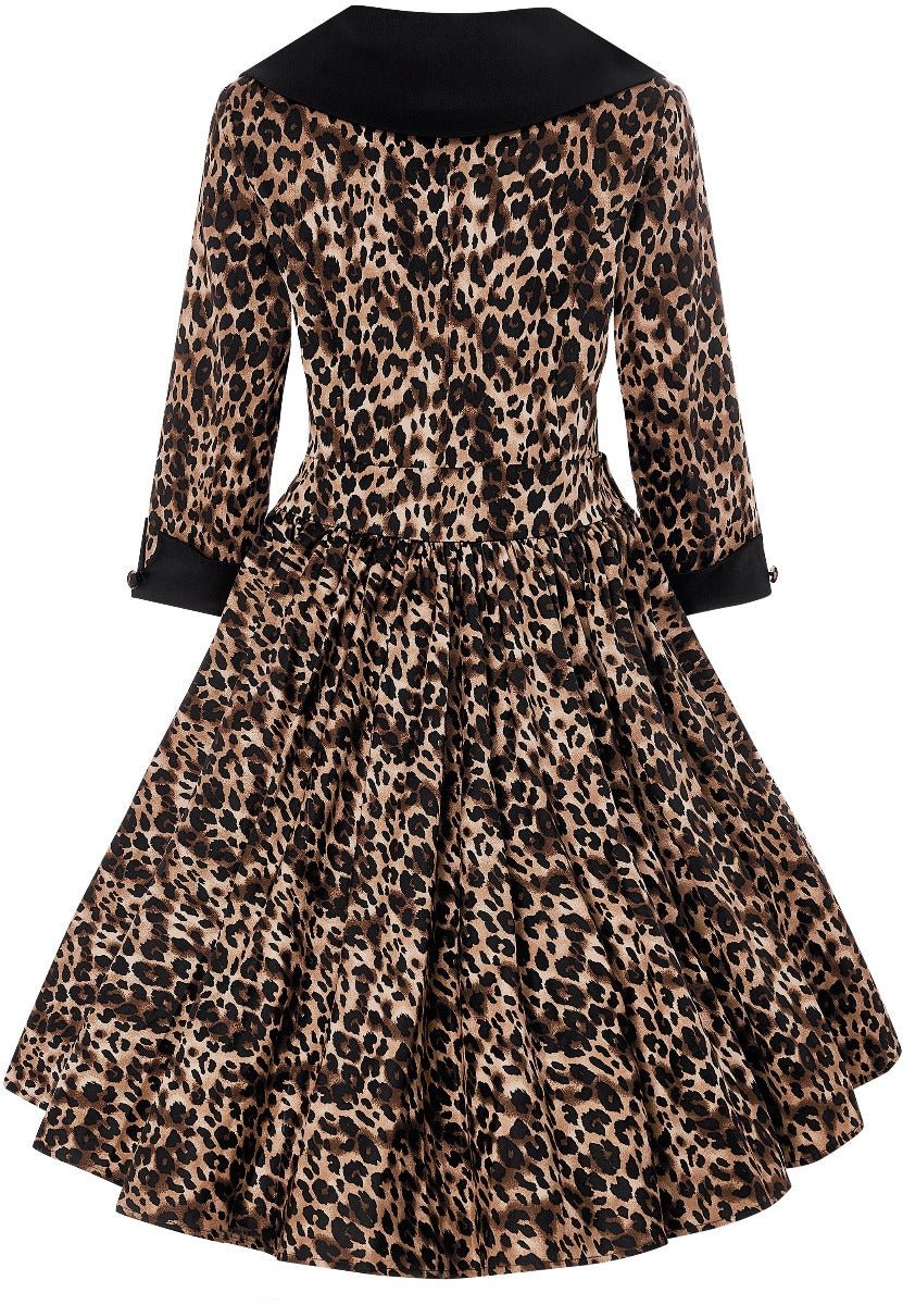 Tiffany lapel coat dress, in brown leopard print, back view