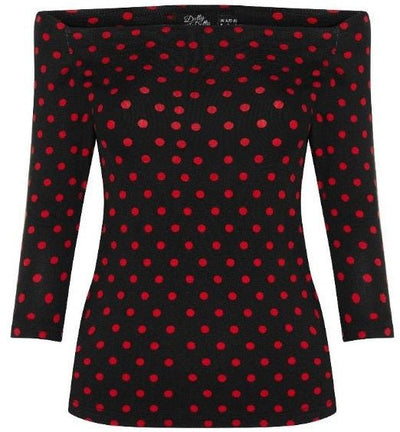 Gloria Rockabilly Top in Black/Red Polka Dots, front view