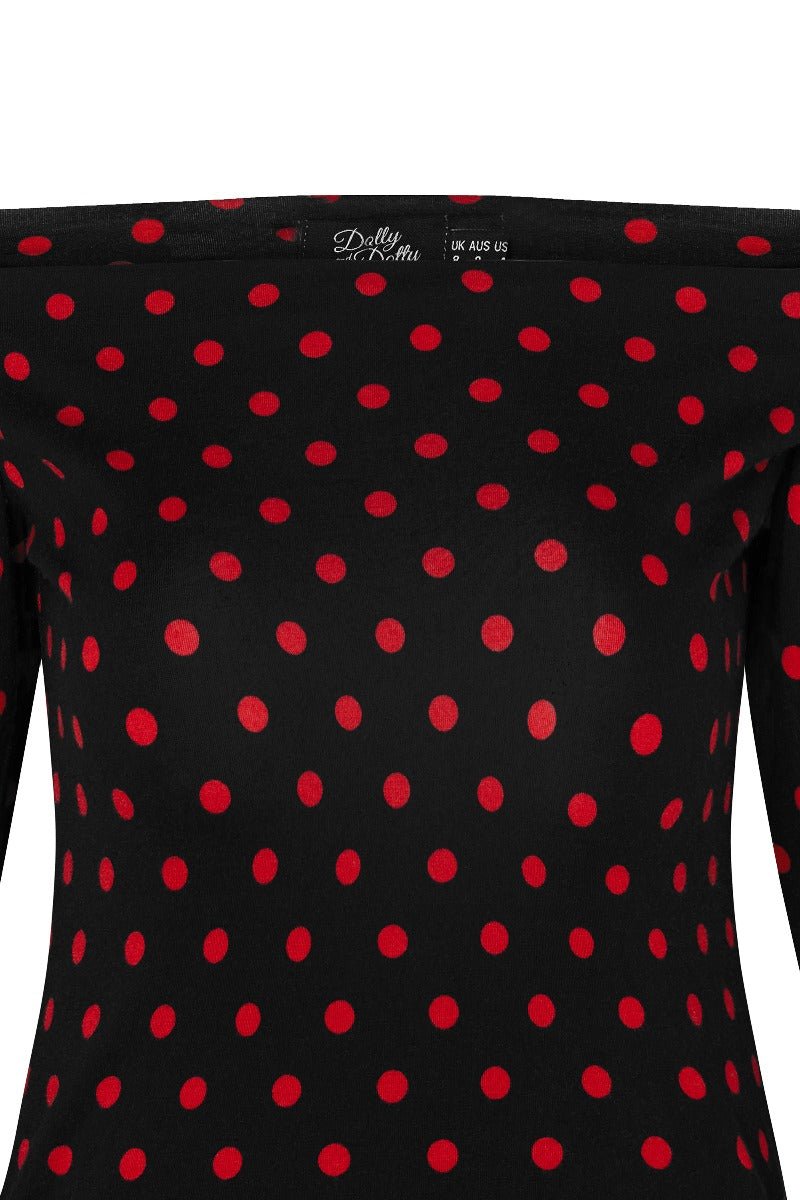 Gloria Rockabilly Top in Black/Red Polka Dots, front view