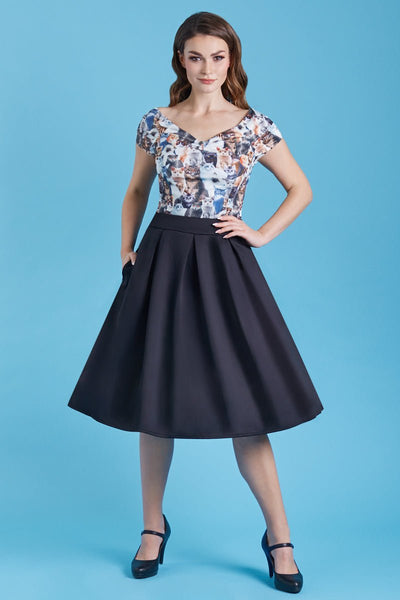 Model wears our V neck, short sleeved top, in cats print, front view