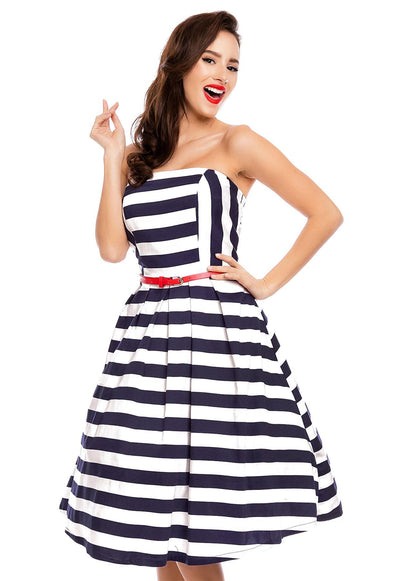 Model in strapless bandeau white blue striped dress