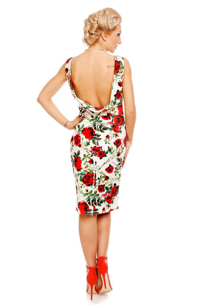Model wearing our Naomi Floral Rose Wiggle Dress in White/Red, scoop back view