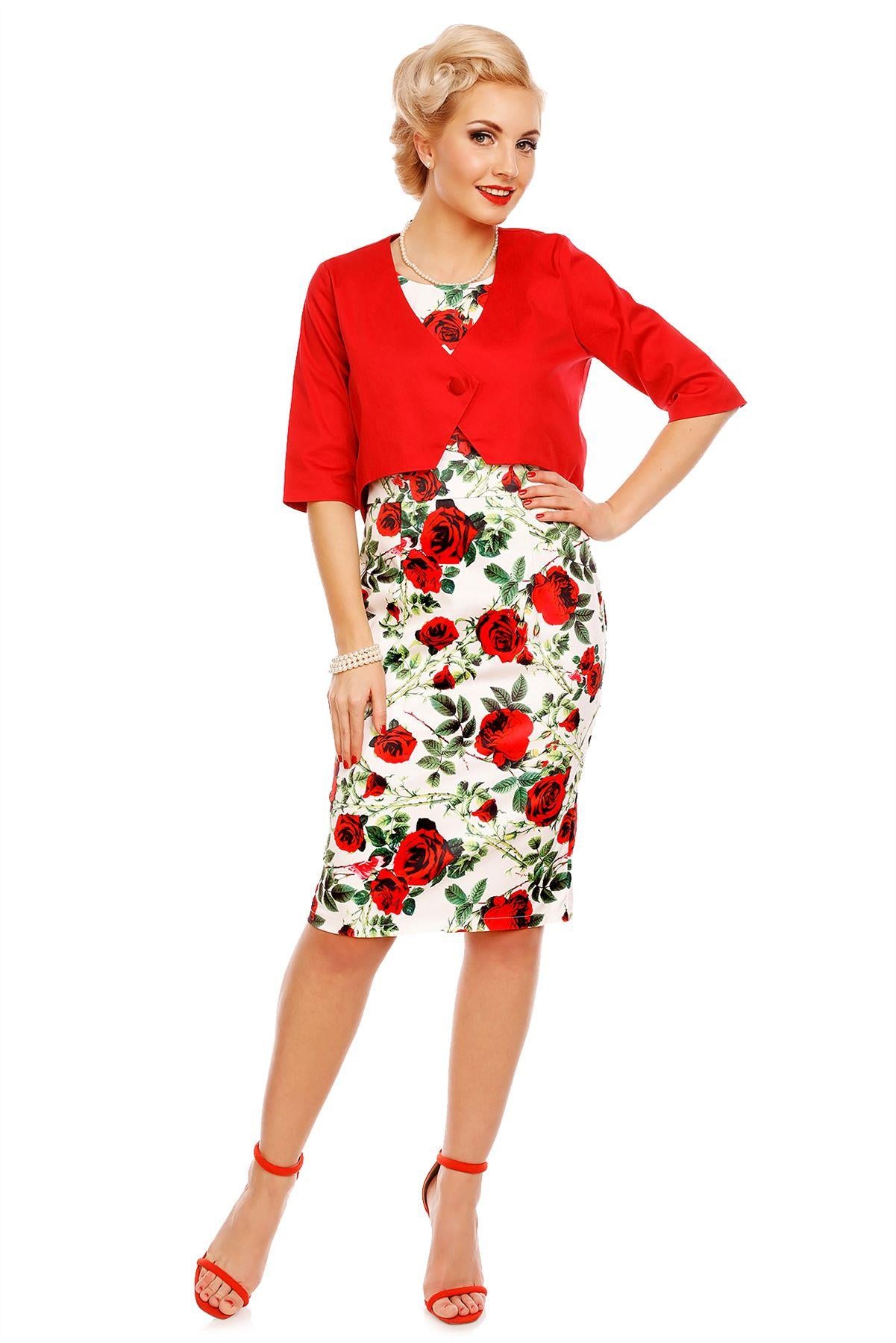 Model wearing our Naomi Floral Rose Wiggle Dress in White/Red, with red jacket, front view