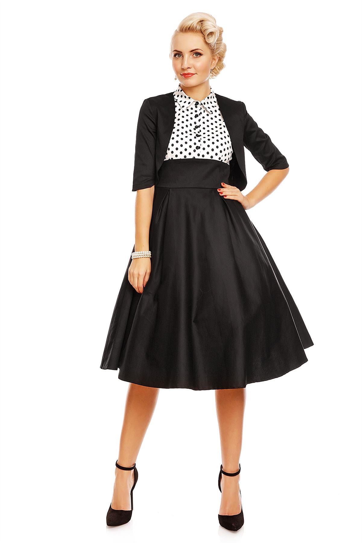 Model wearing the Lisa button top fit and flare dress, with jacket, front view