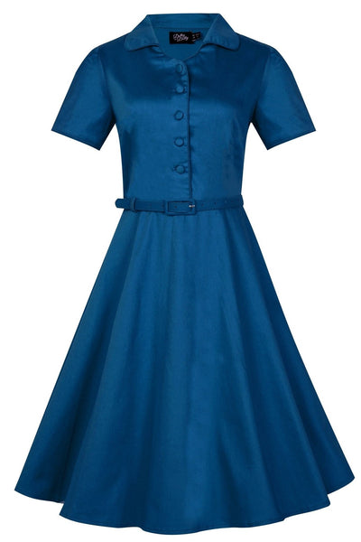Short sleeved Penelope button top dress in teal blue, front view