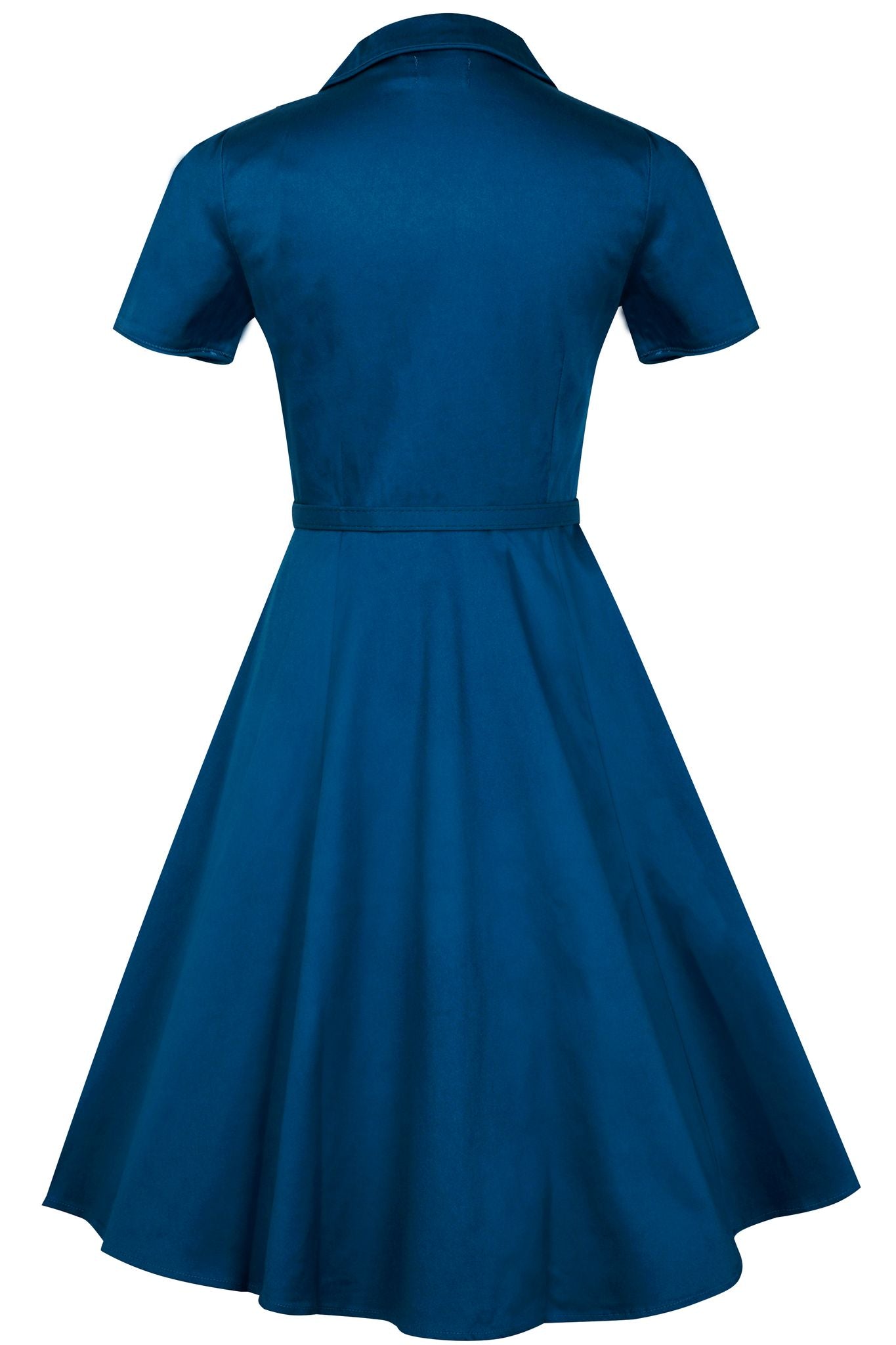 Short sleeved Penelope button top dress in teal blue, back view