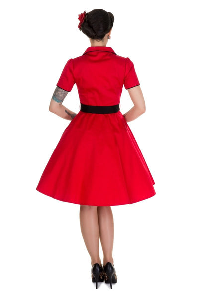 Model wears our short sleeve Penelope button up dress in red and black, back view