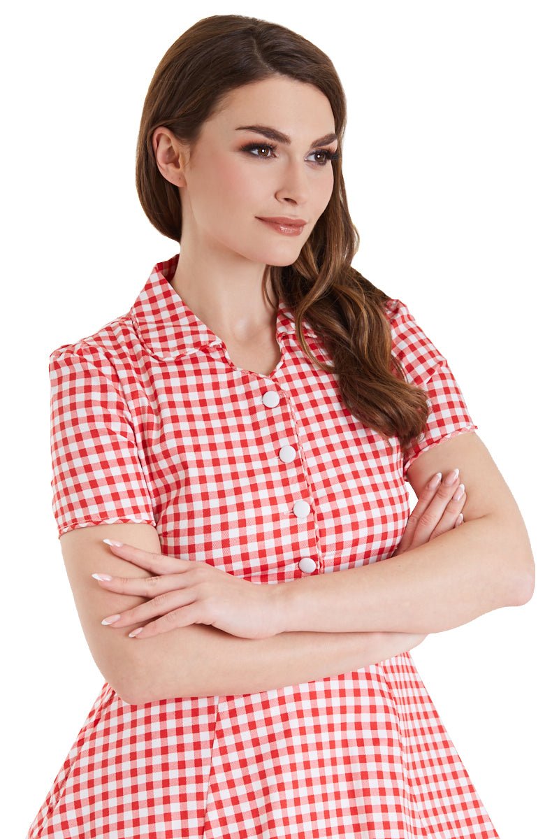 Model wears our short sleeve Penelope dress, in red and white gingham print, close up view