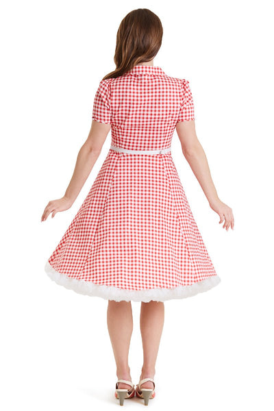 Model wears our short sleeve Penelope dress, in red and white gingham print, with petticoat, back view