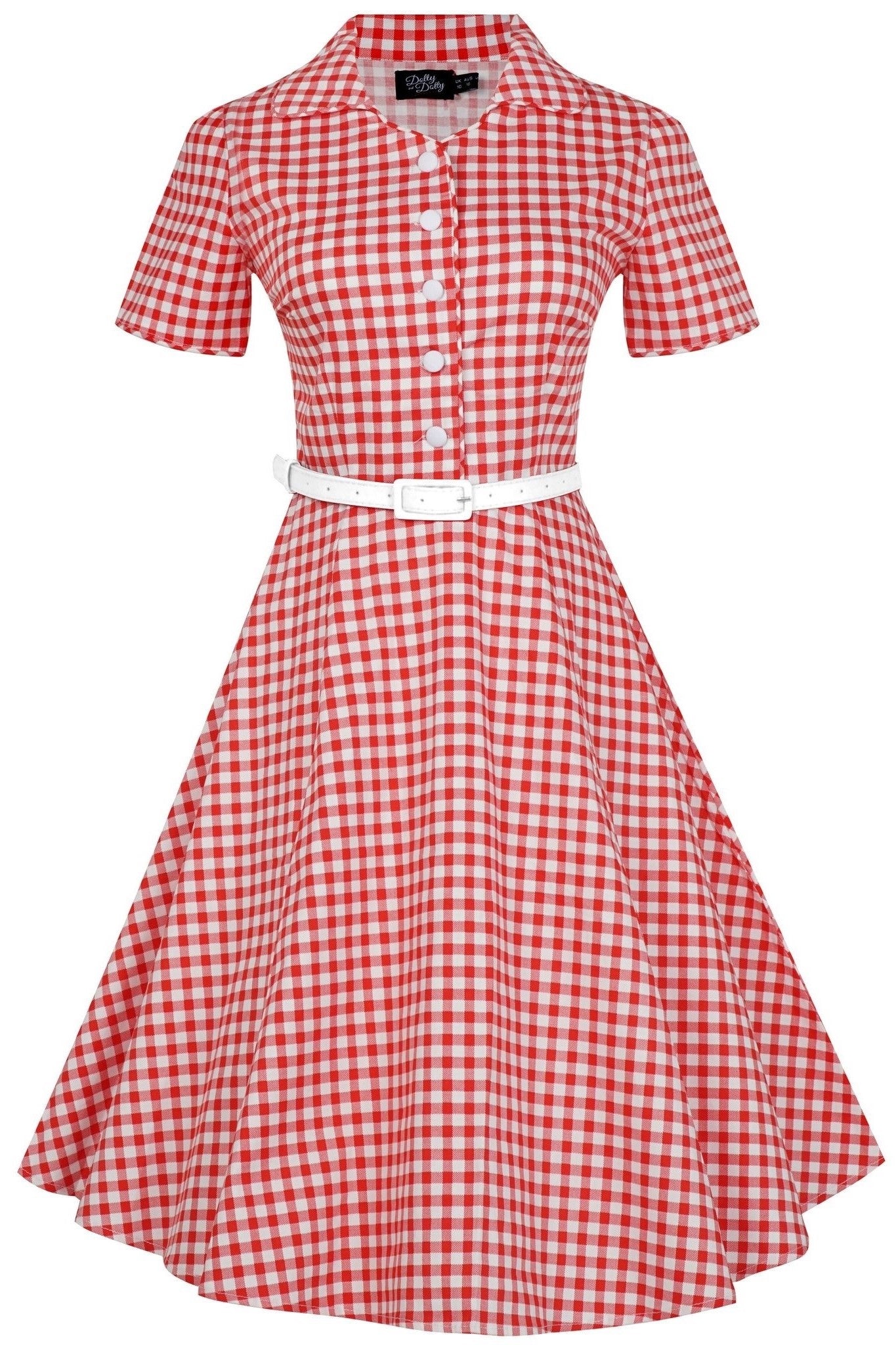 Short sleeve Penelope dress, in red and white gingham print, front view