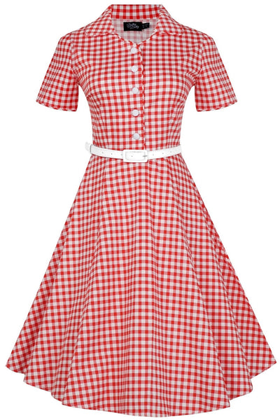 Short sleeve Penelope dress, in red and white gingham print, front view
