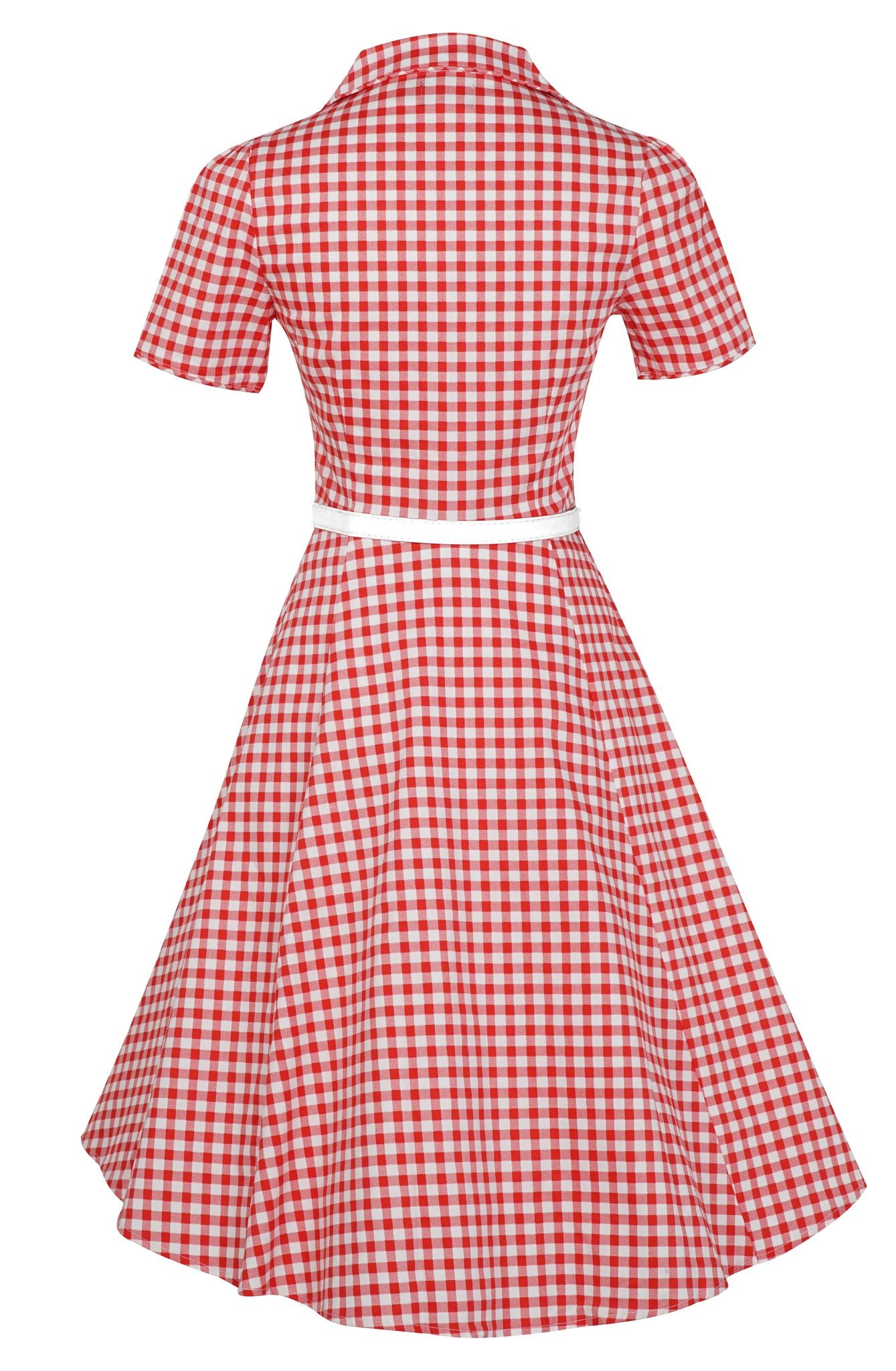 Short sleeve Penelope dress, in red and white gingham print, back view
