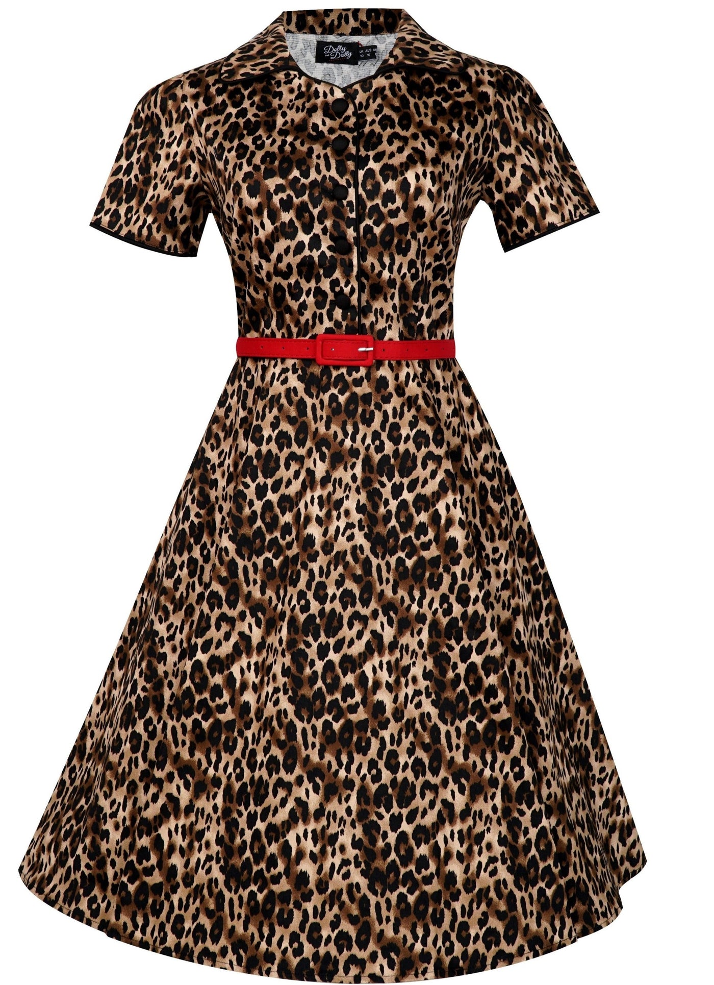 Short sleeve Penelope dress, in brown leopard print, front view