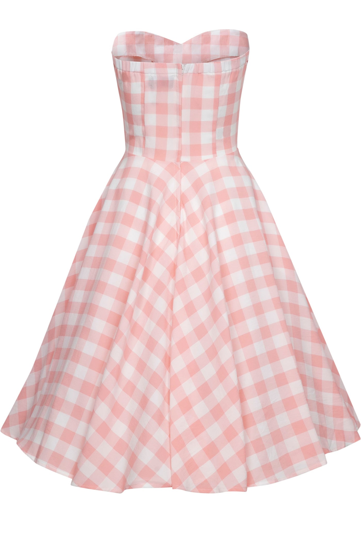 Strapless flared dress in pink gingham check print back view