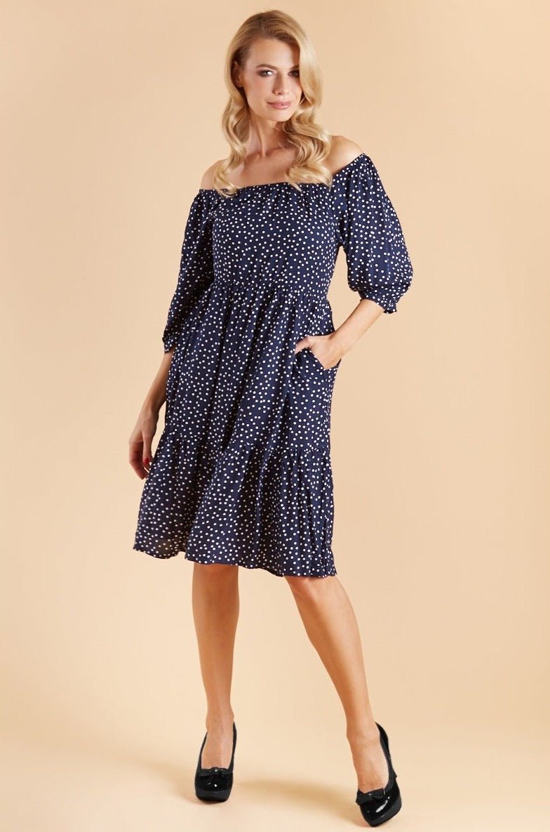 Sonia Floaty Day Dress in Navy & White Polka Dots