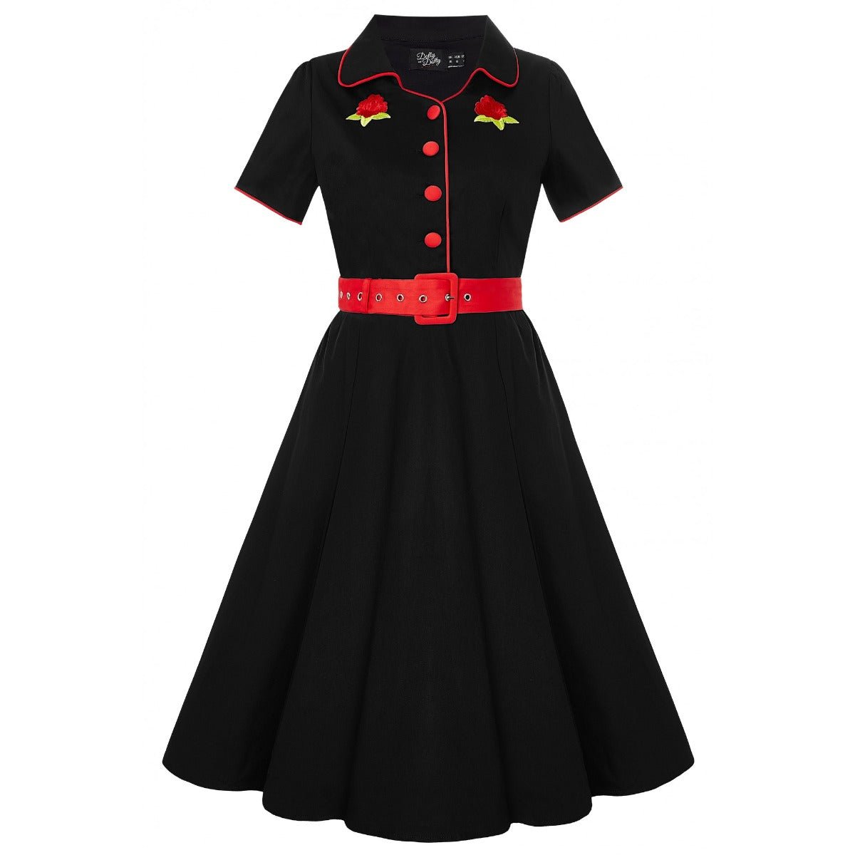 Short sleeved Sherry diner dress in black, with red buttons, belt and roses, front view