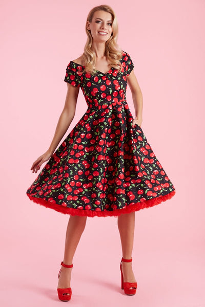 Quirky Red Cherry Off Shoulder Swing Dress front