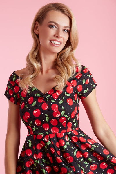 Quirky Red Cherry Off Shoulder Swing Dress close up