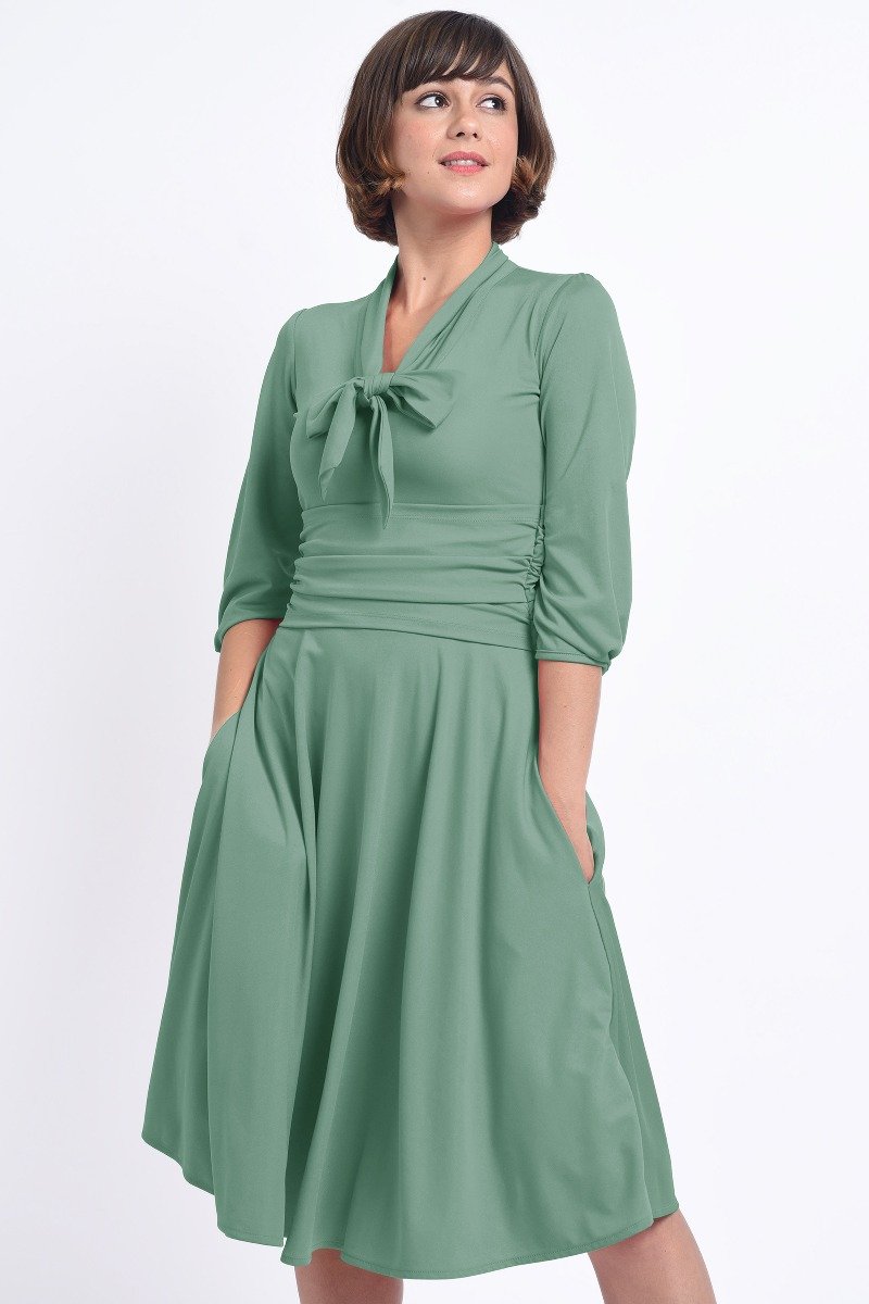 Sandra Vintage  Stretchy Sage Green Bow Tie Dress