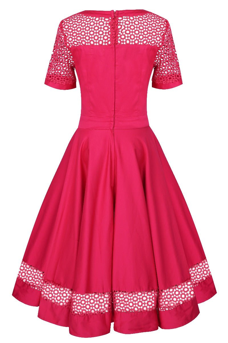 Short sleeved crochet laced swing dress, in hot pink, back view