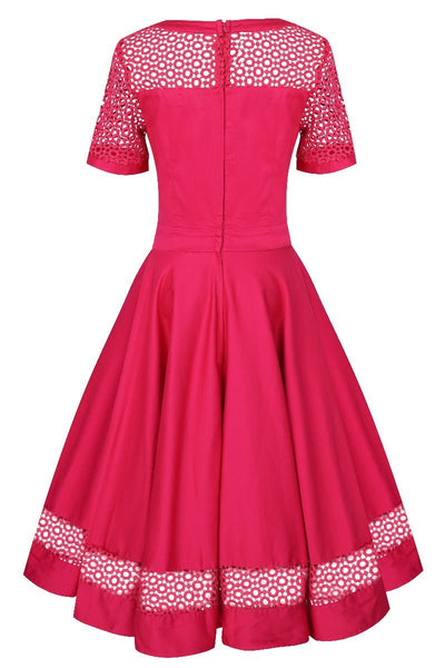 Short sleeved crochet laced swing dress, in hot pink, back view