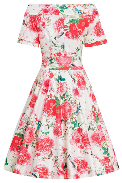 Woman's Vintage Peony Floral Tea Dress In White & Pink