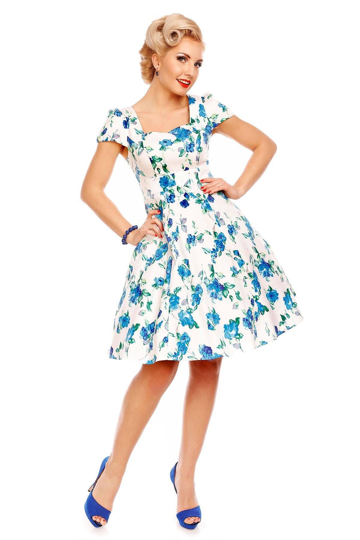 Model wearing white/blue floral dress