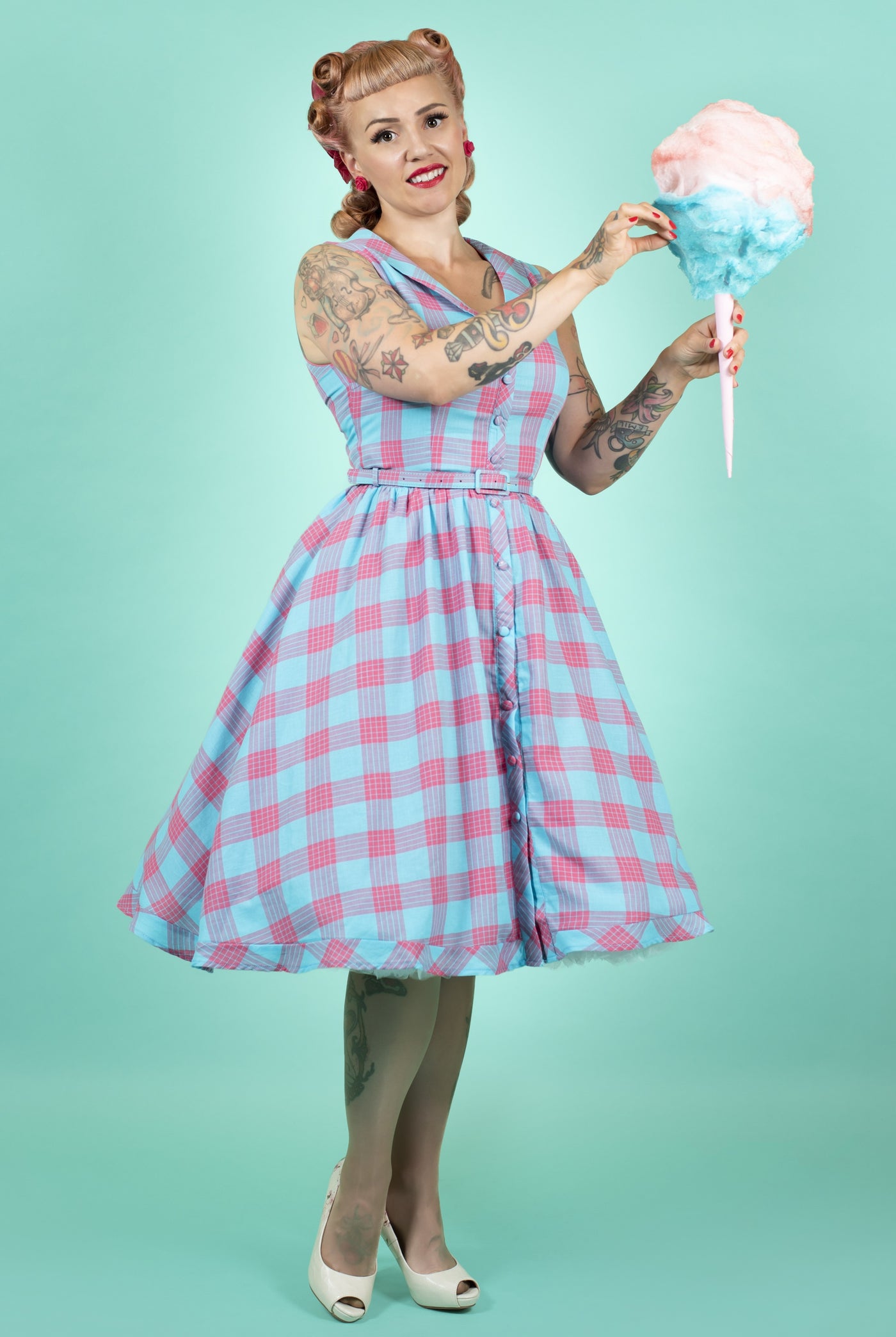 Woman's 1950's Collar Dress In Blue & Pink Check With Pockets