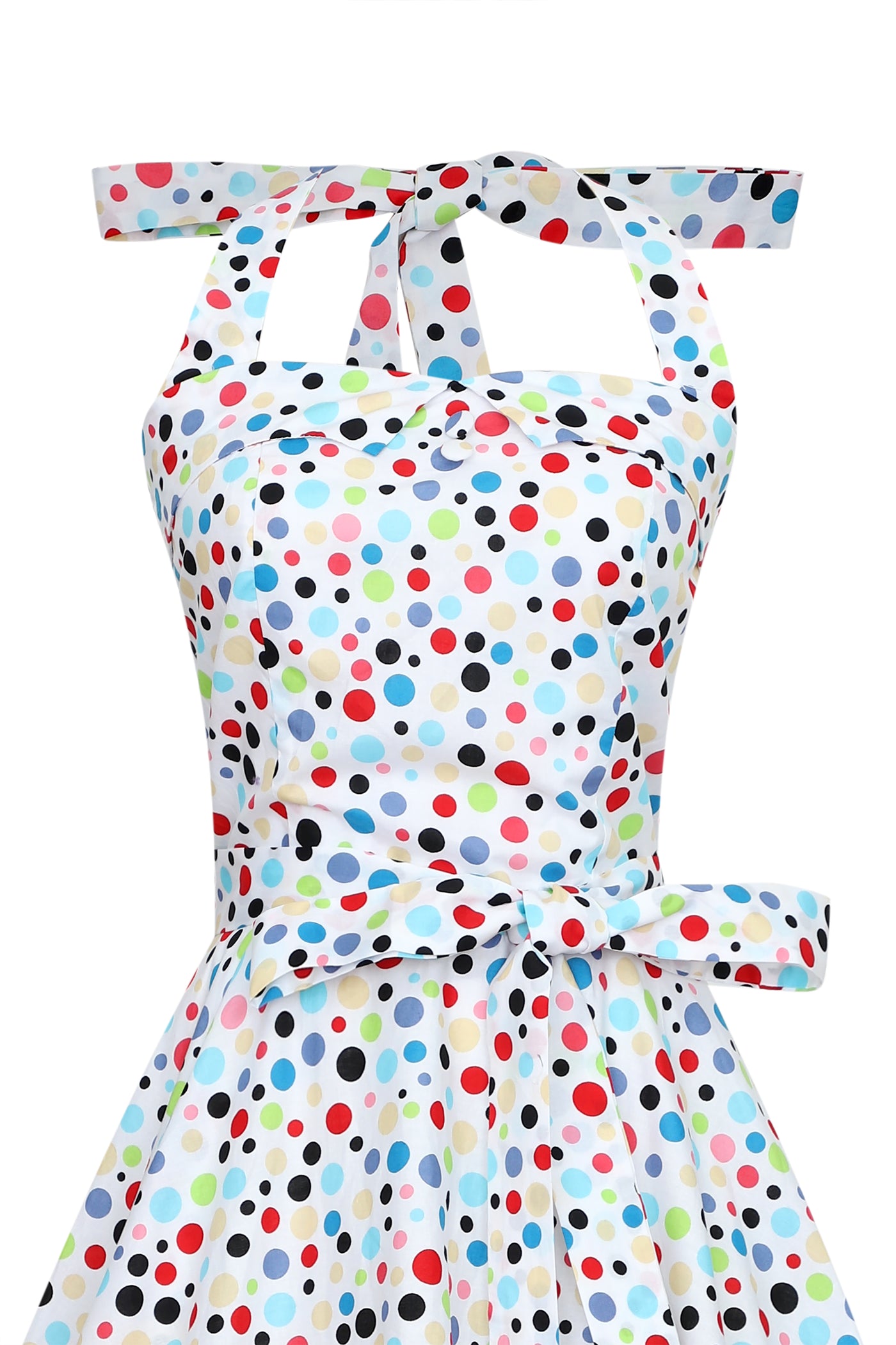 1950's Halterneck Dress White and Colorful Polka Dots close up