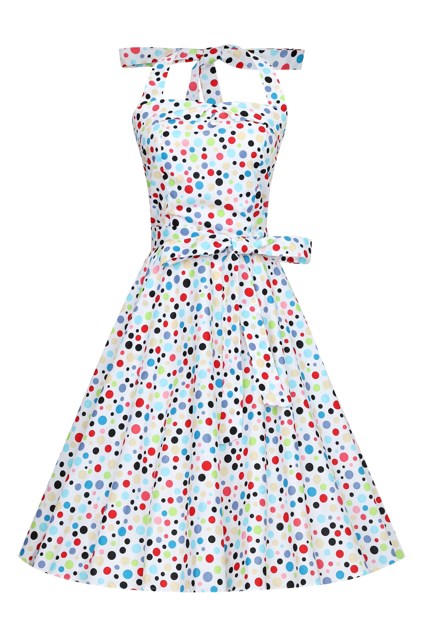 Woman's 1950's Halter Dress White and Colorful Polka