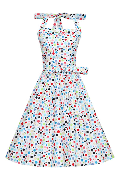 Woman's 1950's Halter Dress White and Colorful Polka
