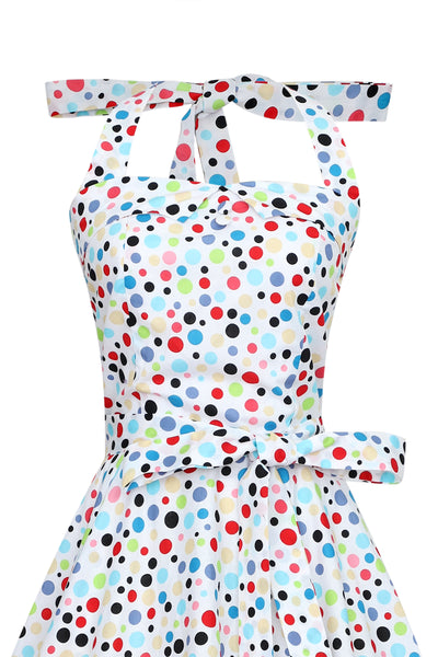 1950's Halterneck Dress White and Colorful Polka Dots close up