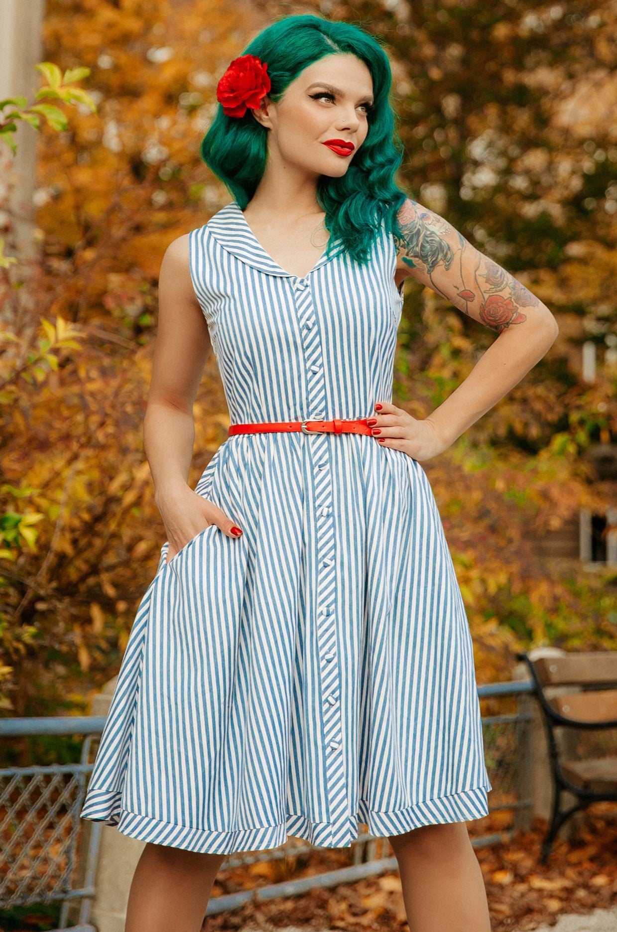 Woman's 50s Style Blue Pinstriped Shirt Dress