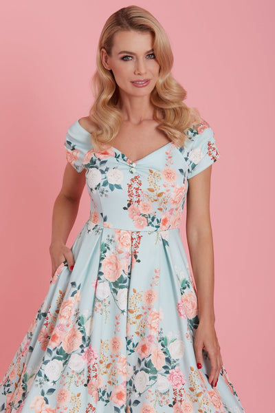 Woman's 50s Style Floral Off Shoulder Dress In Mint