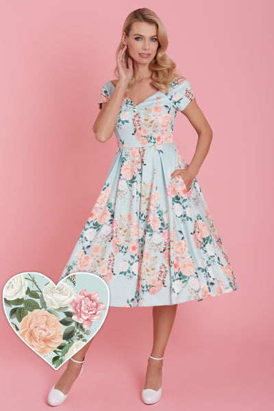 Woman's 50s Style Floral Off Shoulder Dress In Mint