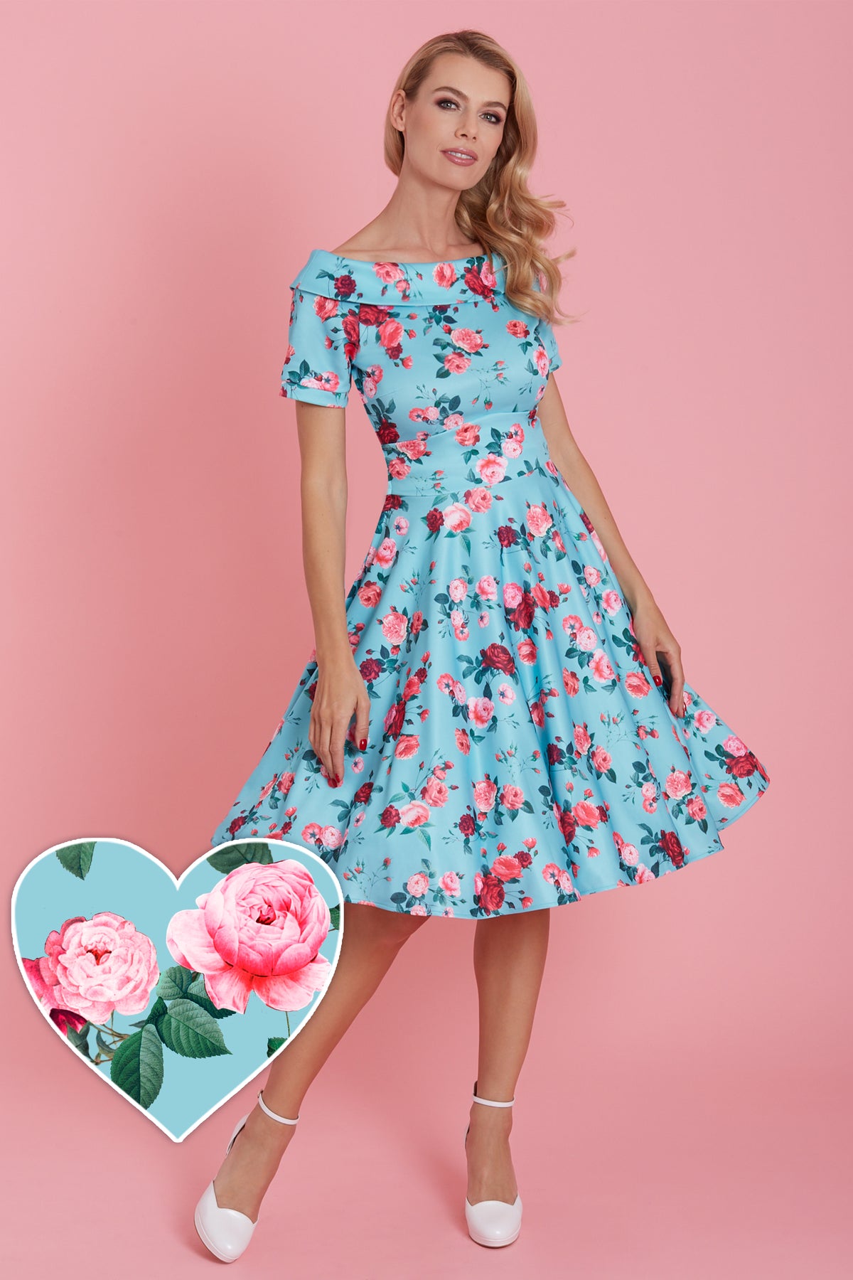 Vintage 50 s Aqua Blue Floral Print Swing Dress
