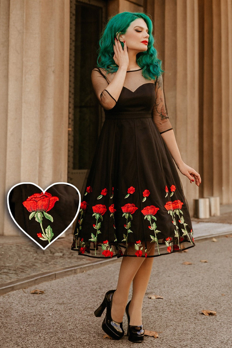 Ruby Black Evening Mesh Dress with Embroidered Roses