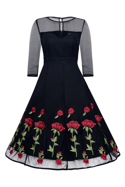 Black Evening Mesh Dress with Embroidered Red Roses