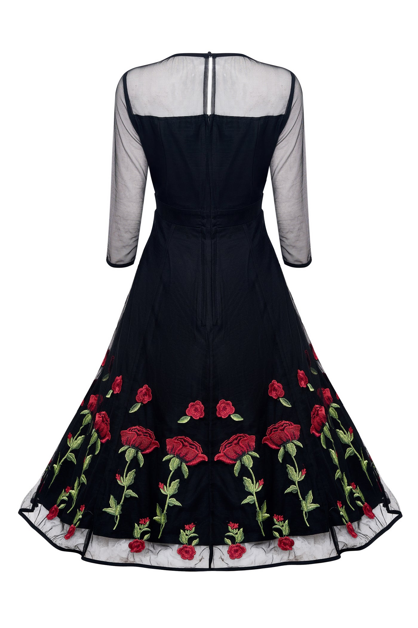 Black Evening Mesh Dress with Embroidered Red Roses back view
